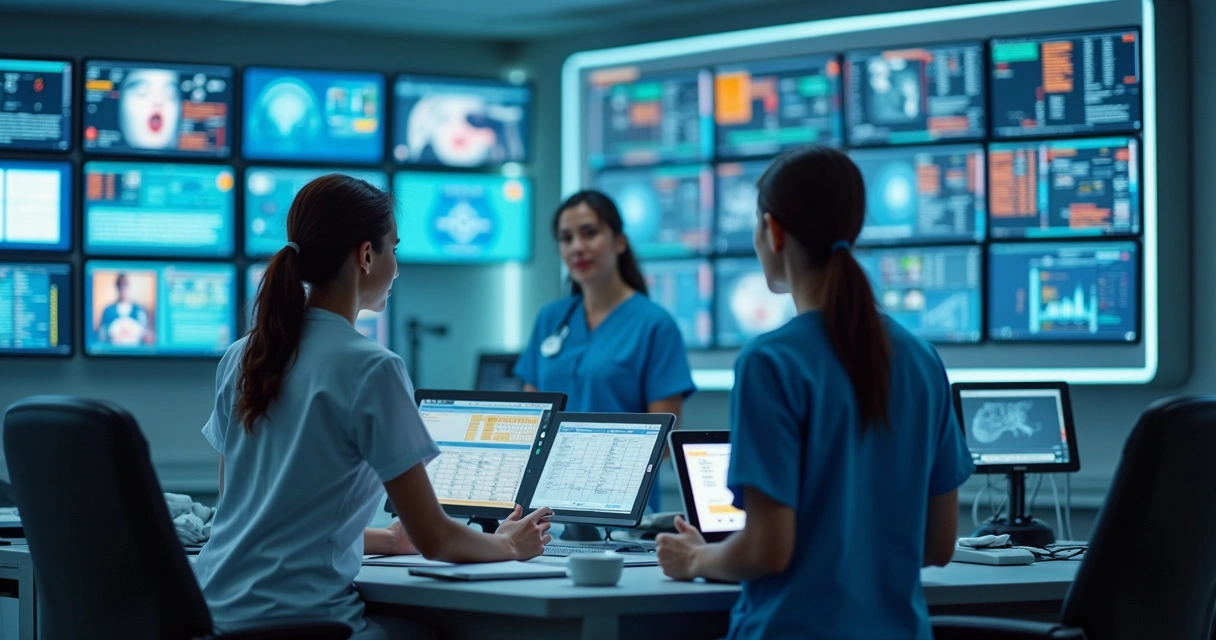 Equipe médica utilizando sistema informatizado em ambiente hospitalar