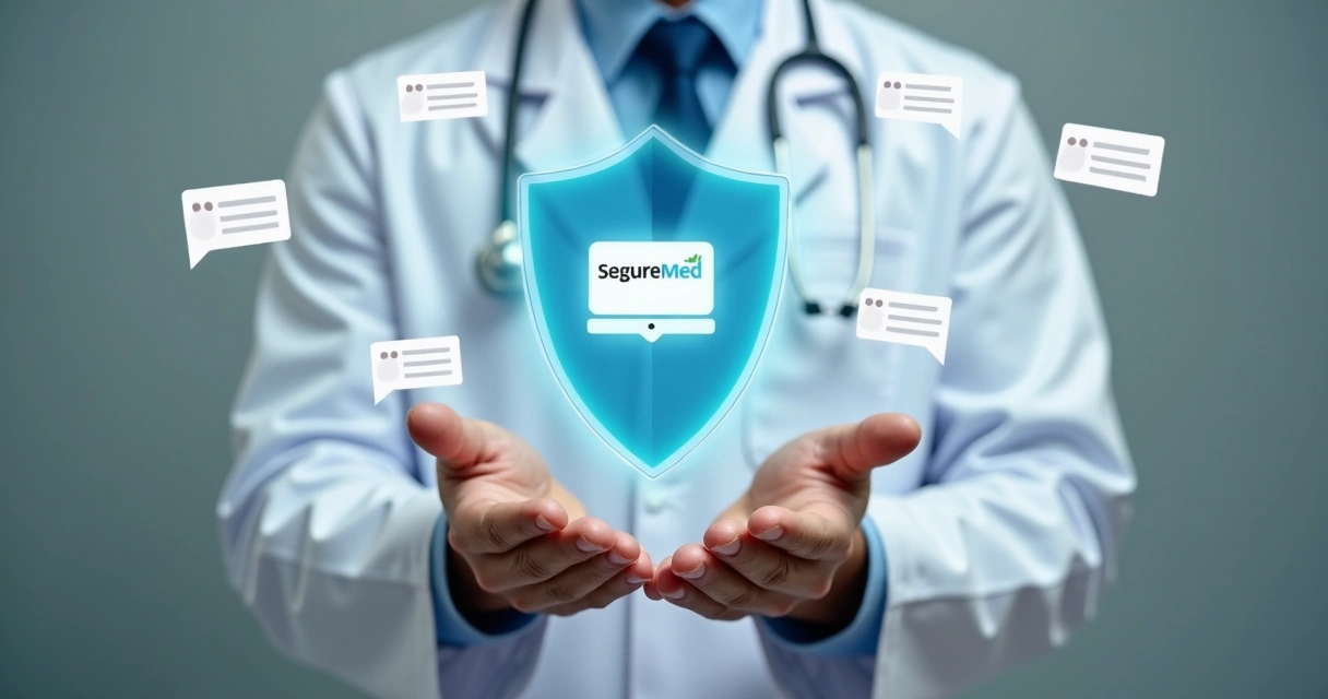 Mãos segurando escudo entre médico e comentários online negativos