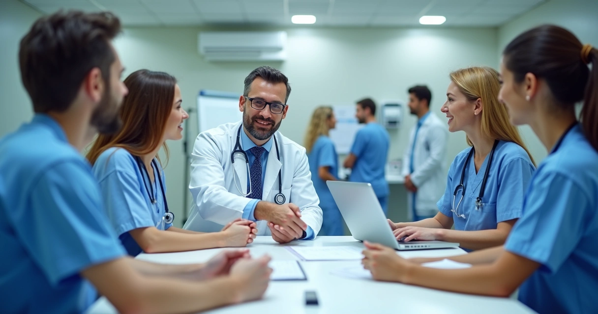 Equipe médica reunida analisando currículos e integrando novo profissional em ambiente hospitalar