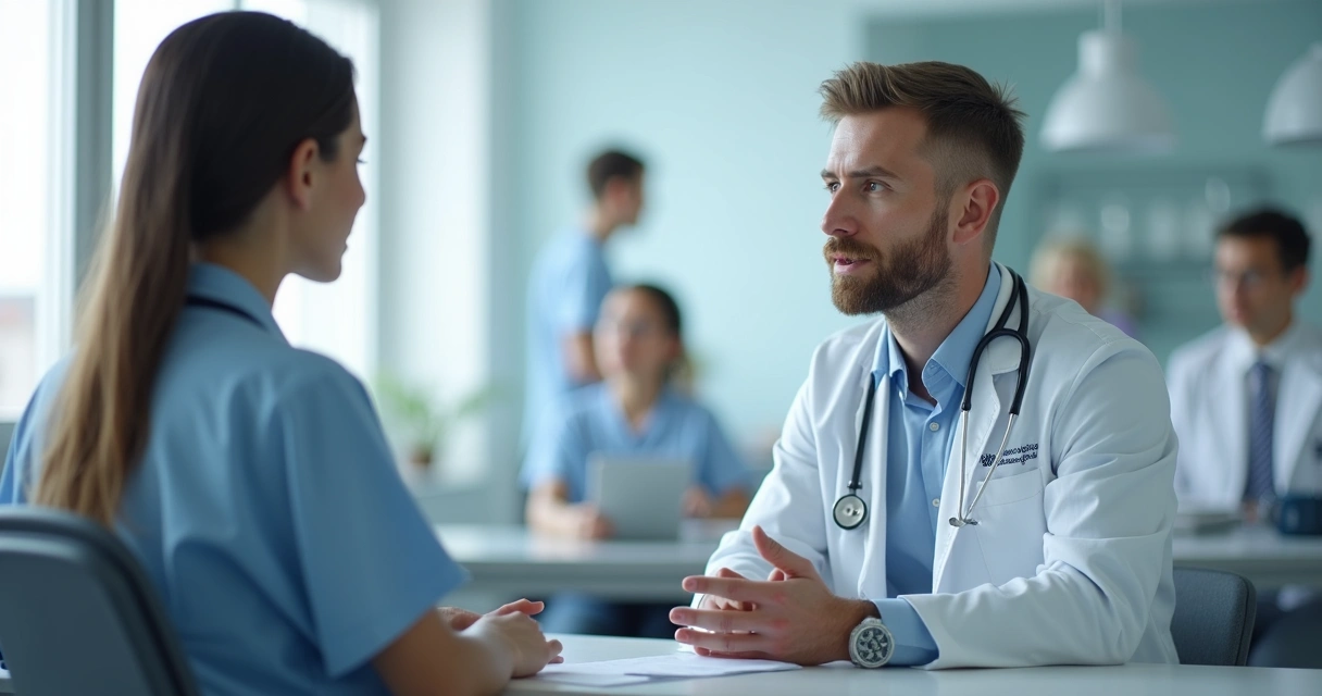 Aluno de medicina conversa com paciente simulado em ambiente de simulação clínica
