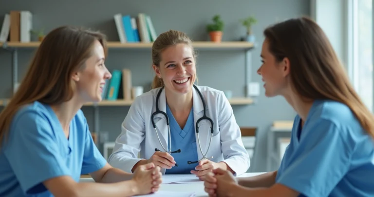 Estudantes de medicina praticando habilidades de comunicação com simulação de pacientes em sala de aula