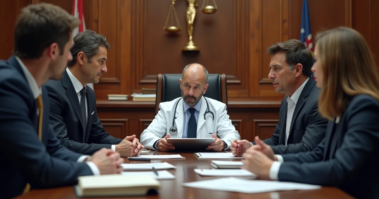 Audiência judicial sobre processo médico com advogado