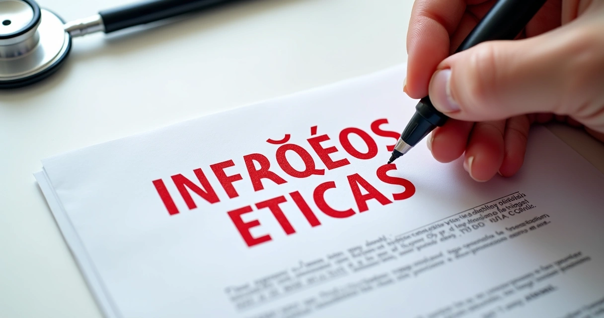 Documento com lista de infrações éticas médicas e carimbo de advertência em destaque.