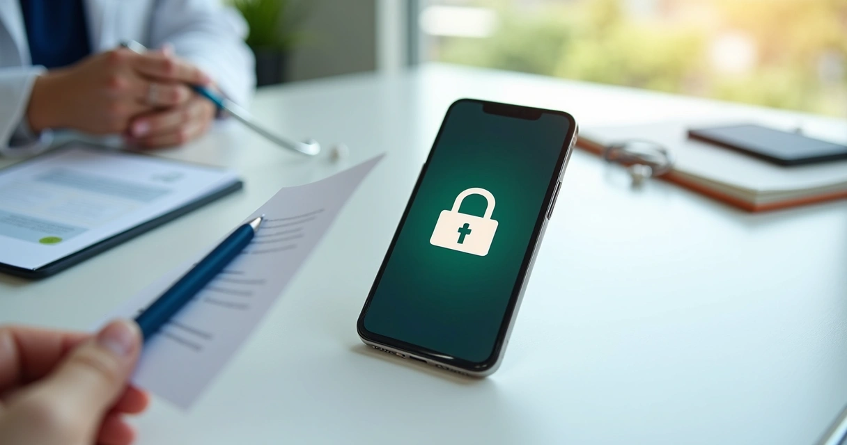 Aplicativo do WhatsApp aberto com ícone de cadeado e mensagem médica